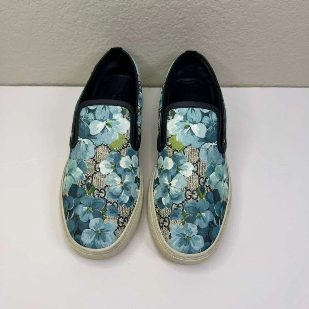 Mens Gucci Sneakers/GG Blooms/Broola/Slip-on/PVC Canvas Blue Floral Pattern - Picture 1 of 10